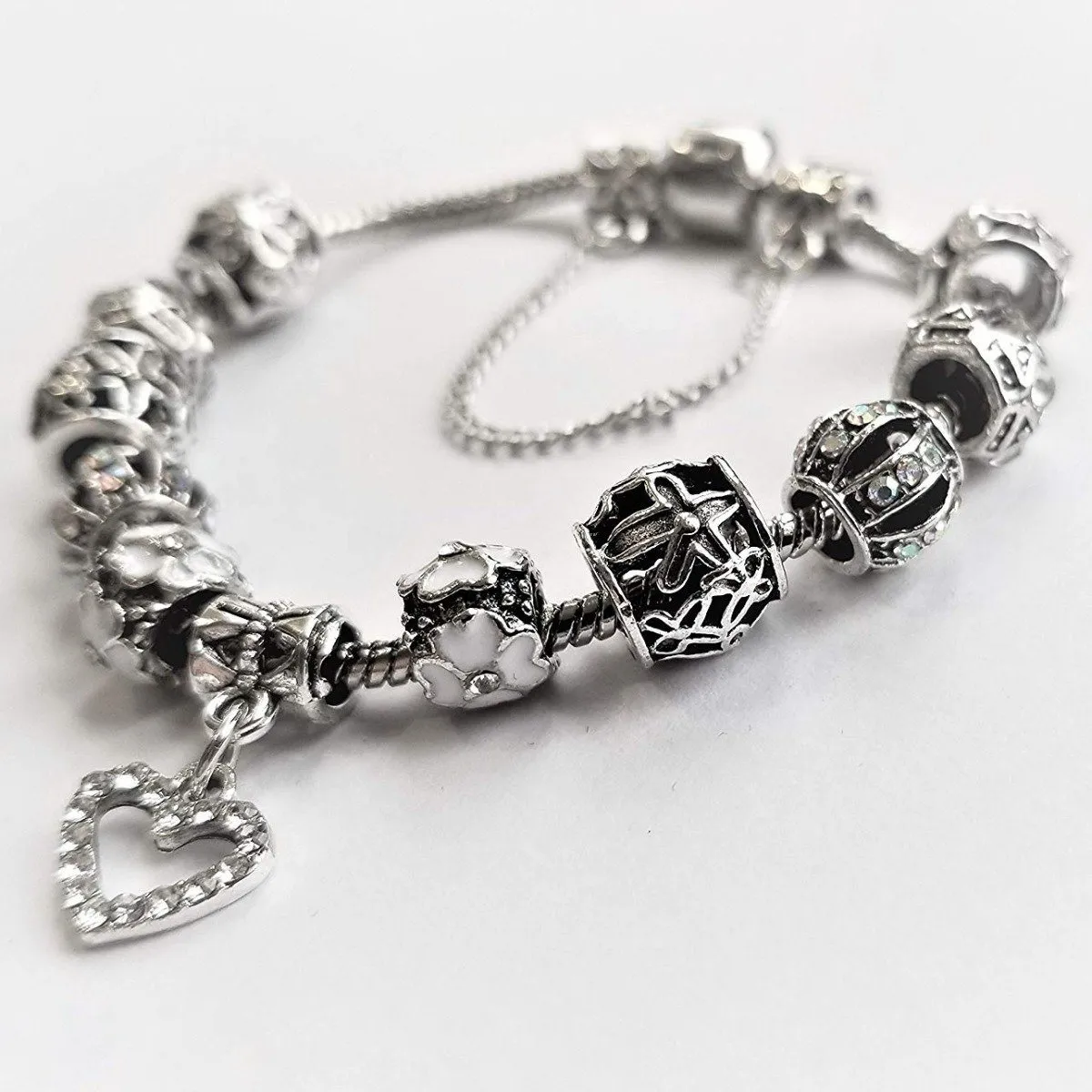 18K White Gold Plated Crystal Heart Charm Bracelet