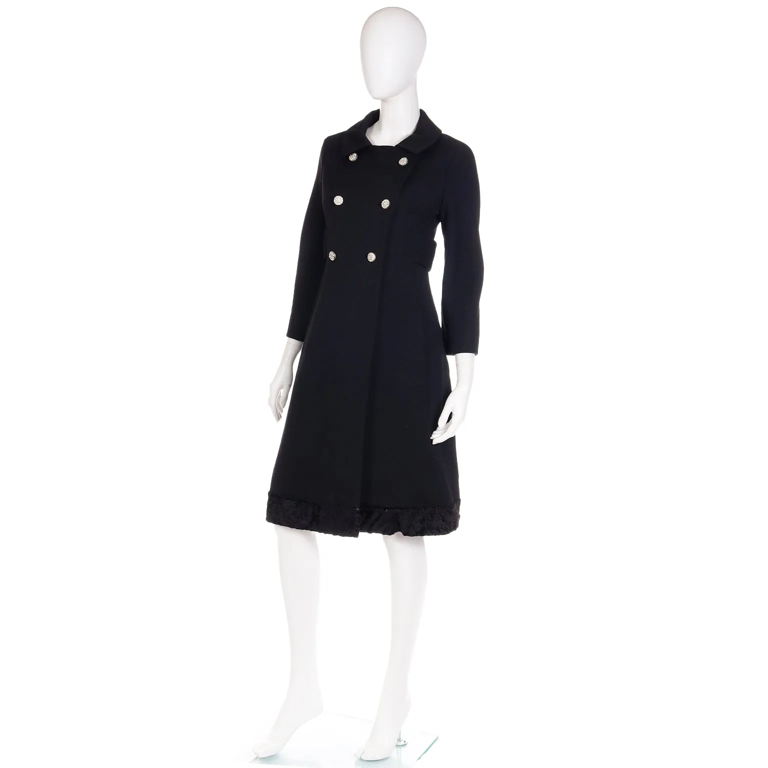 1960s Golet Original Black Coat W Faux Lambswool Trim & Rhinestone Buttons