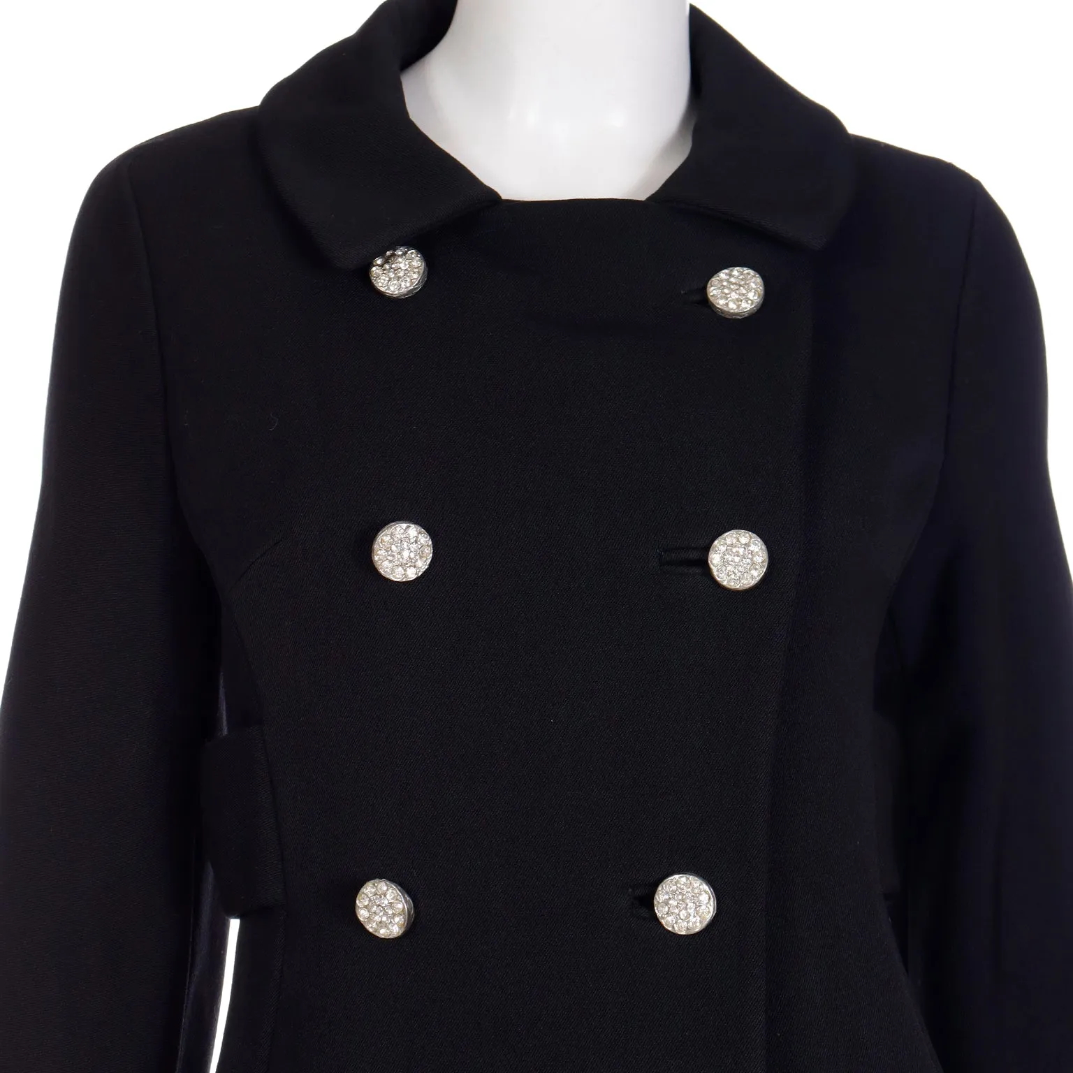 1960s Golet Original Black Coat W Faux Lambswool Trim & Rhinestone Buttons