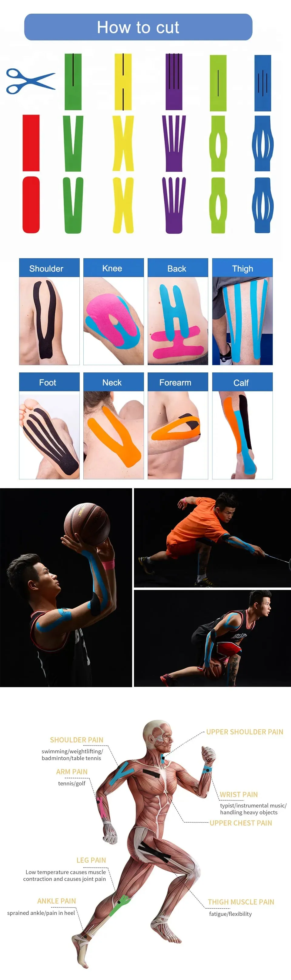 2 Sizes Sports Tape Kinesiology Muscle Body Support Bandage Cotton Elastic Adhesive Strain Injury Pain Relief Gym Knee-pad Ankle