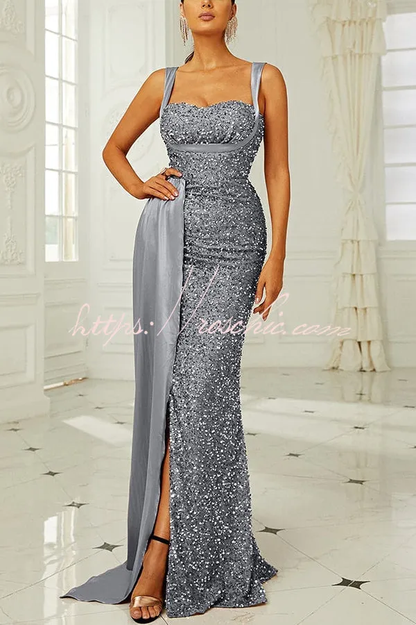 Banquet Sequined Backless Strappy Fishtail Maxi Dress