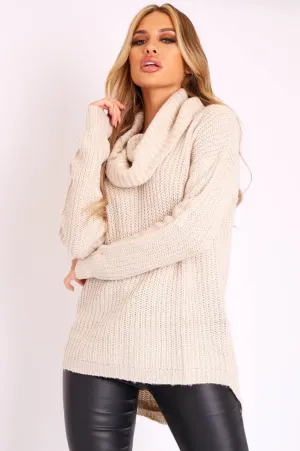 Beige Cowl Neck Longline Knitted Jumper - Cayden