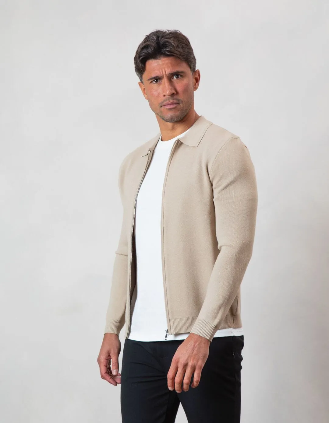 Beige Knit Zip Through Cardigan