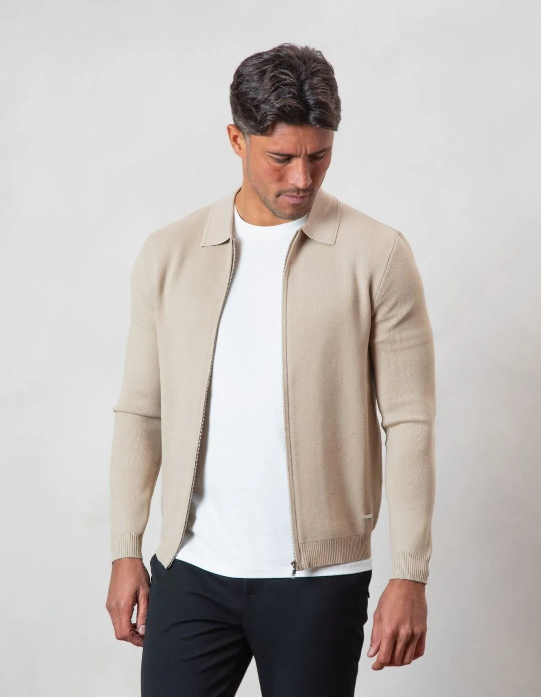 Beige Knit Zip Through Cardigan