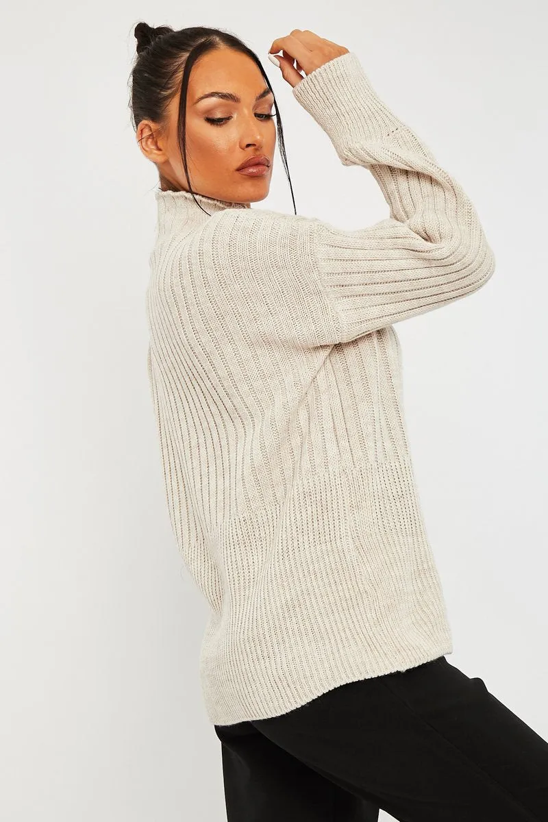 Beige Ribbed Balloon Sleeve Jumper - Jamora