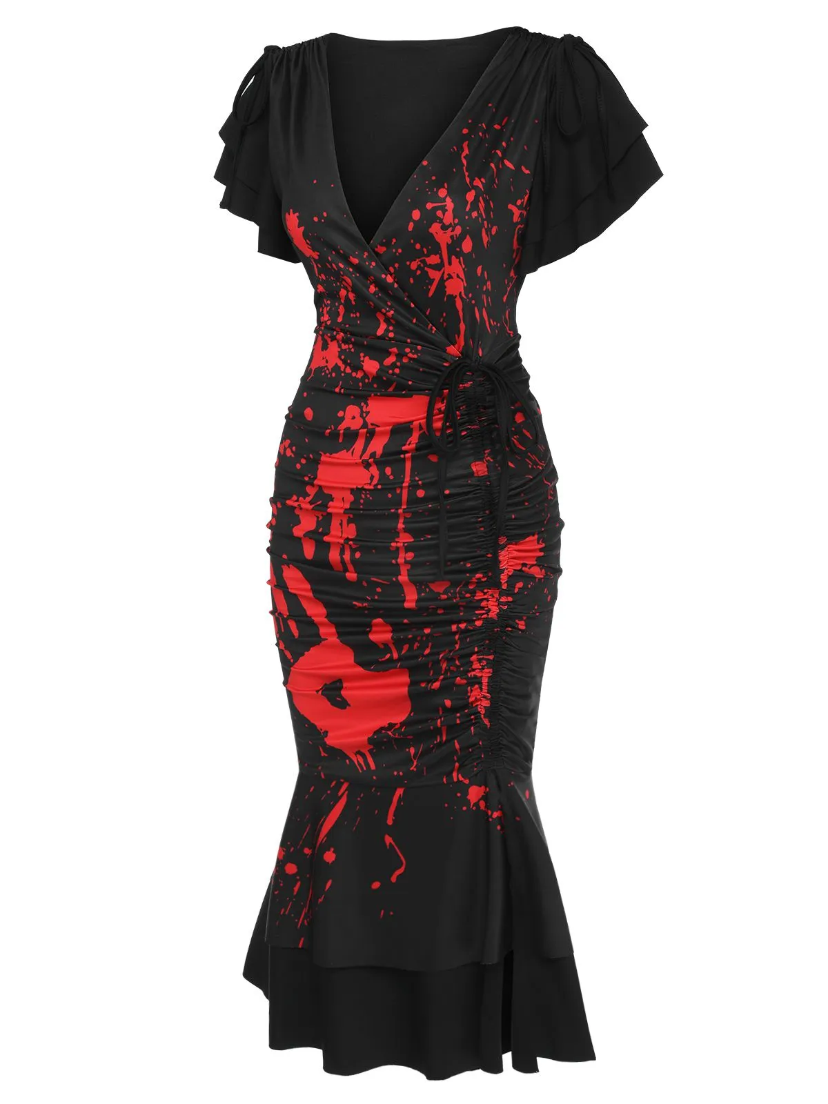 Black 1930s V-Neck Blood Handprint Fishtail Dress