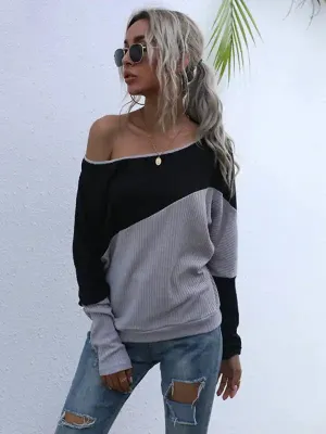 Colorblock Long Sleeve Knit Loose Off Shoulder One Shoulder Top