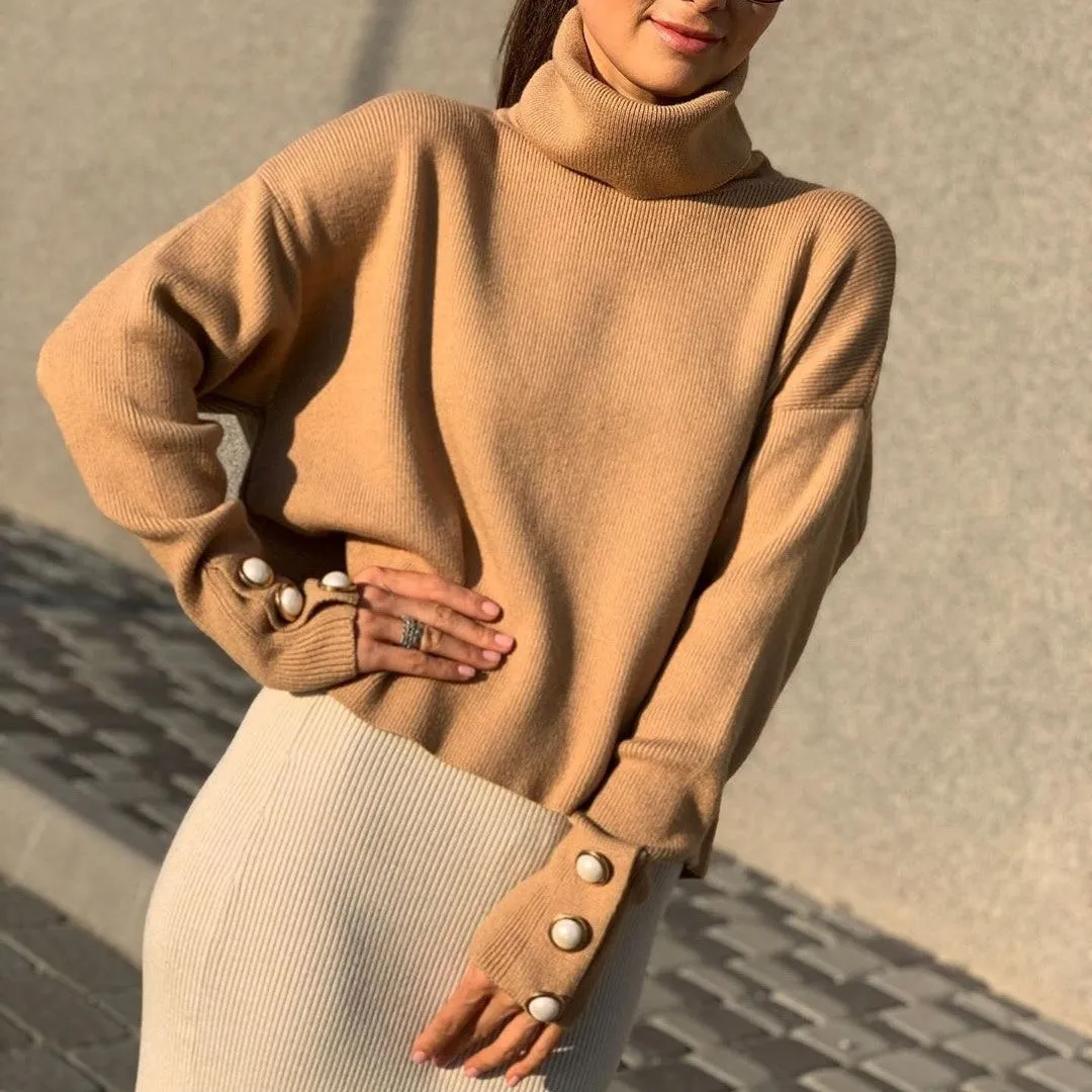 Fall/Winter Women's Solid Color Lapel Knitted Fashion Casual Pullover Sweater