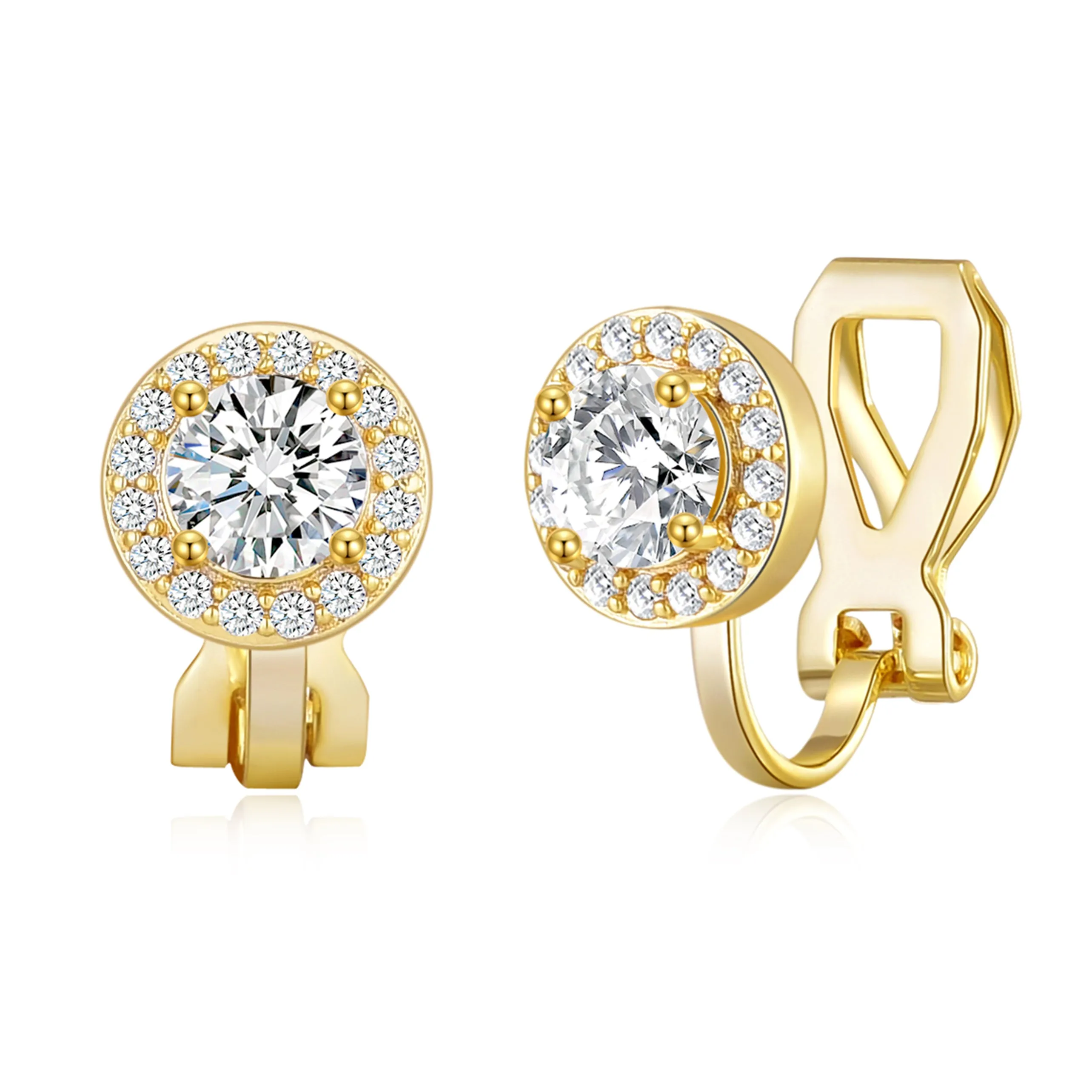 Gold Plated Round Halo Clip On Earrings Created with Zircondia® Crystals