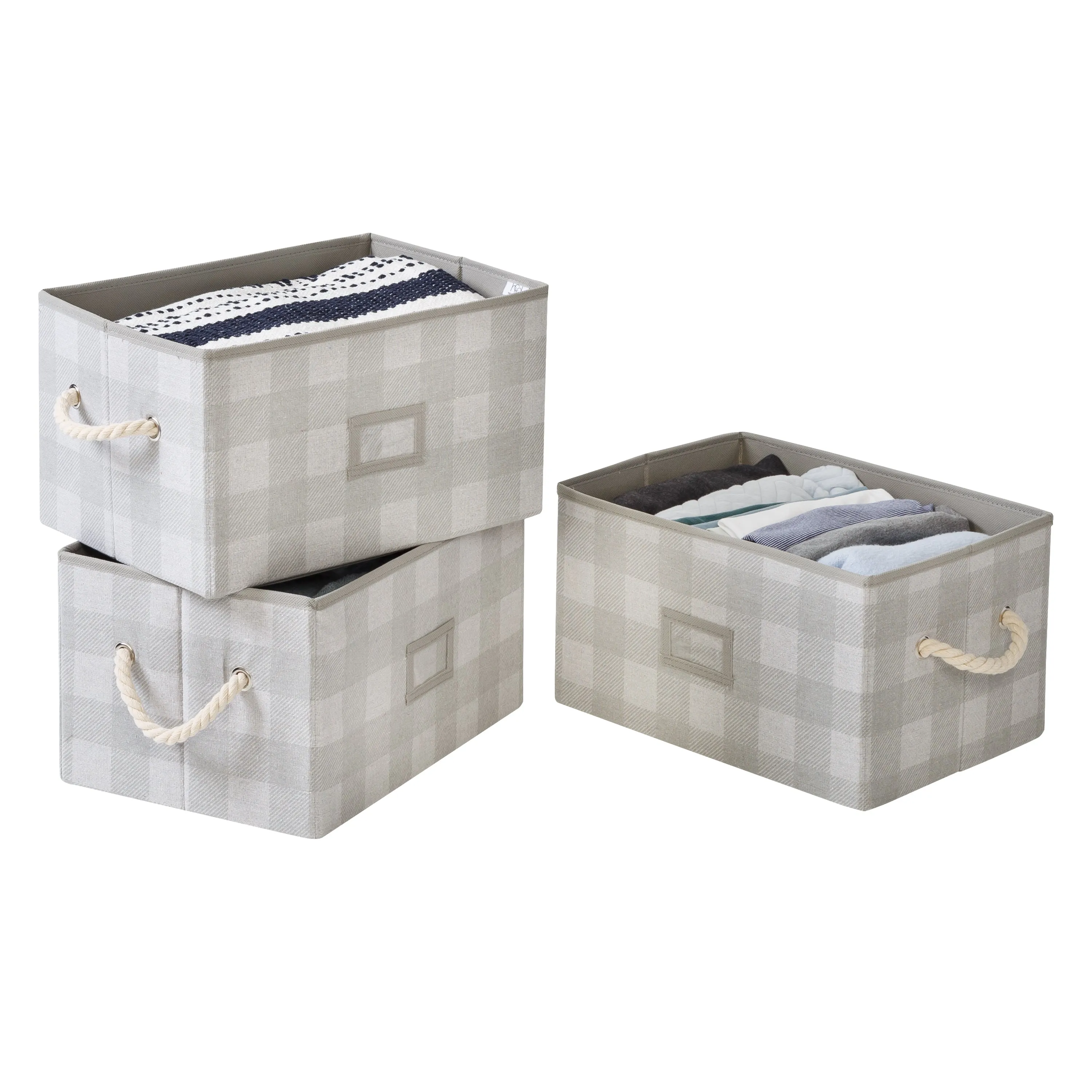 Gray Plaid Folding Large Fabric Storage Bins with Handles (Set of 3)