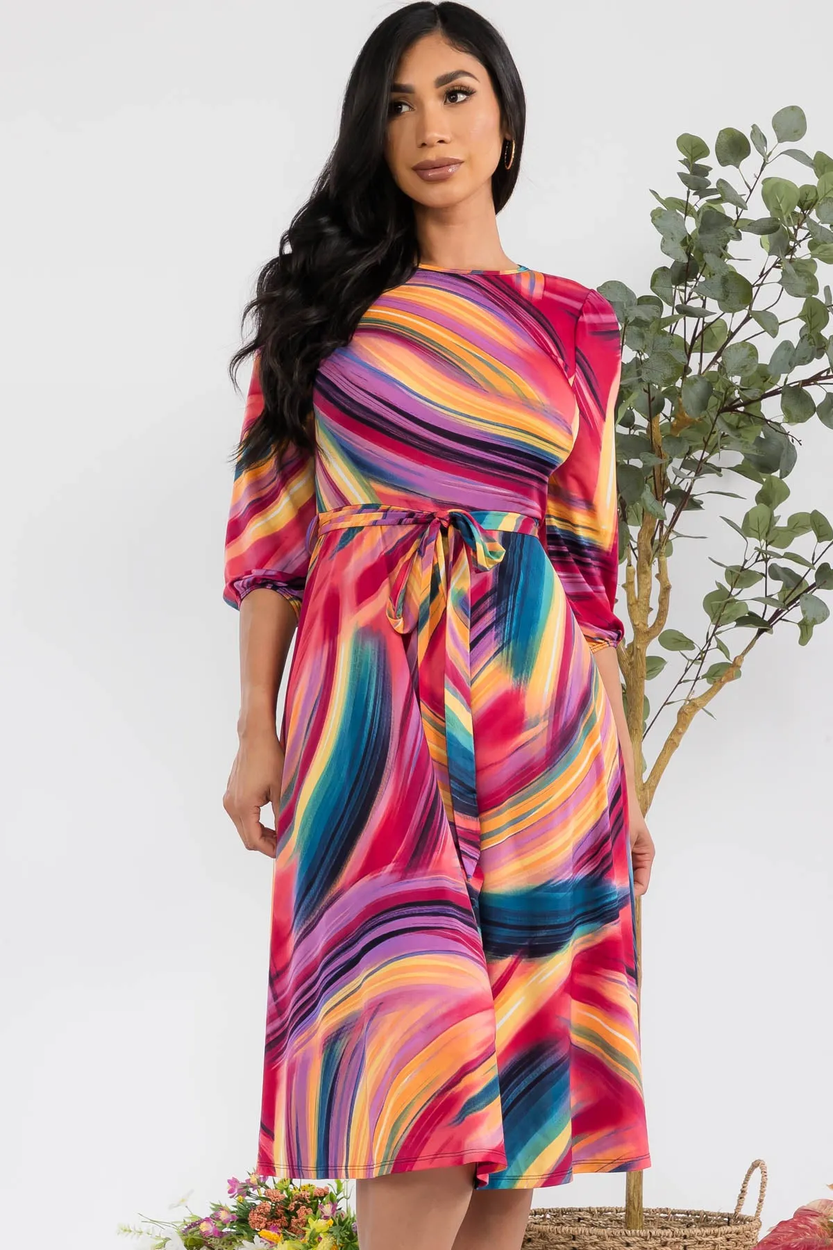 HH583R-SWIRL - SELF TIE MIDI DRESS