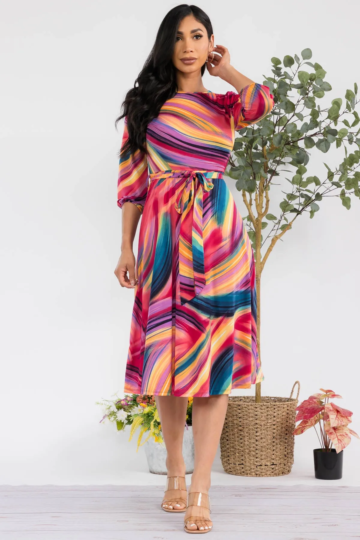 HH583R-SWIRL - SELF TIE MIDI DRESS