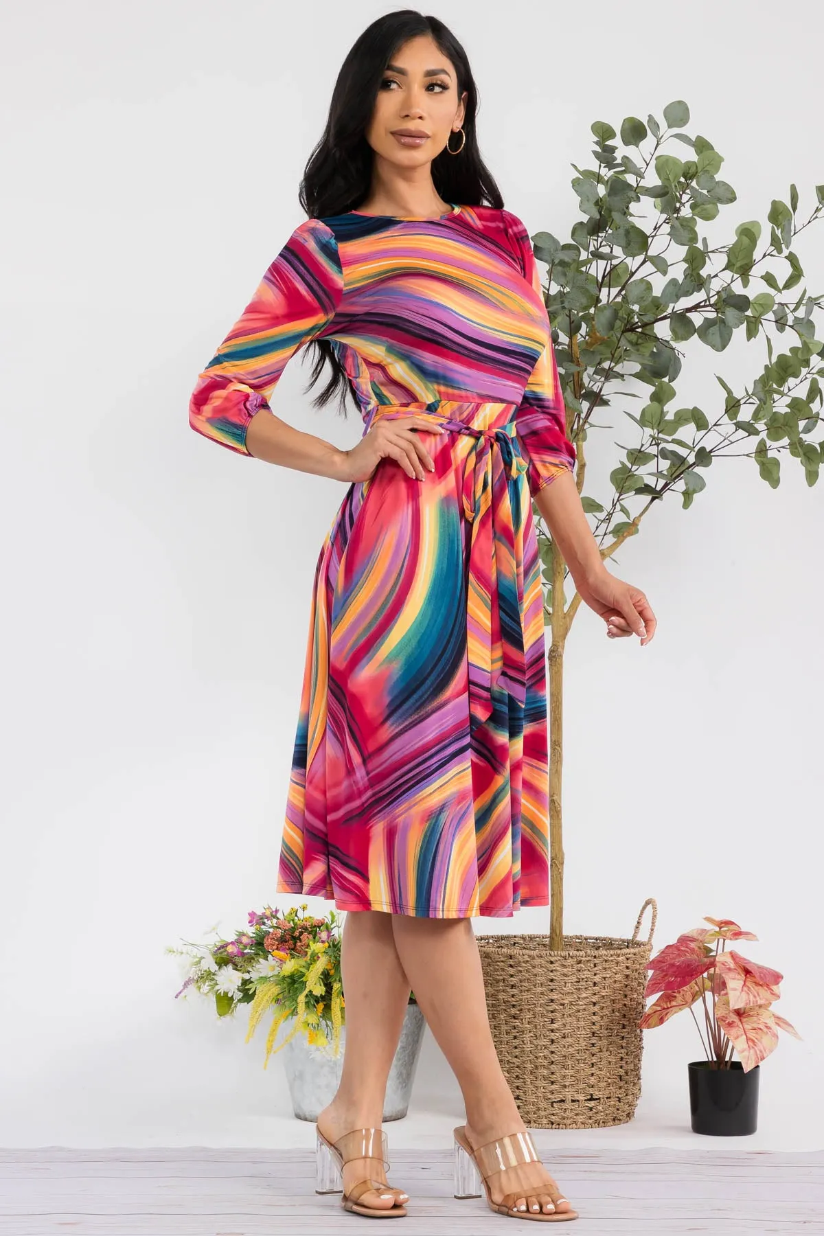 HH583R-SWIRL - SELF TIE MIDI DRESS