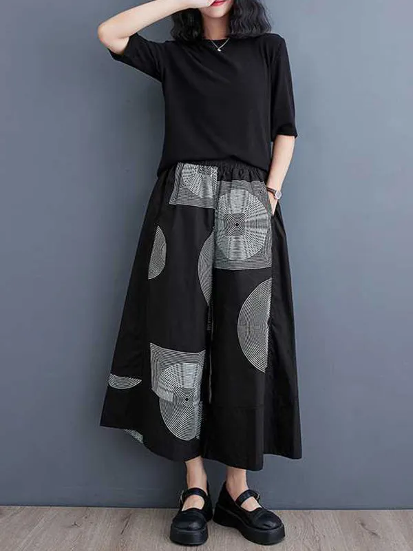 High Waisted Loose Elasticity Printed Cropped Trousers Pants