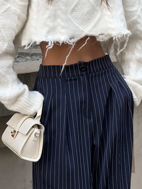 High Waisted Wide Pants Buttoned Striped Pants Trousers