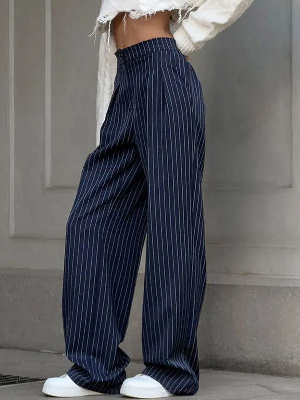 High Waisted Wide Pants Buttoned Striped Pants Trousers