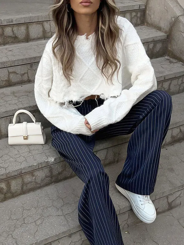 High Waisted Wide Pants Buttoned Striped Pants Trousers