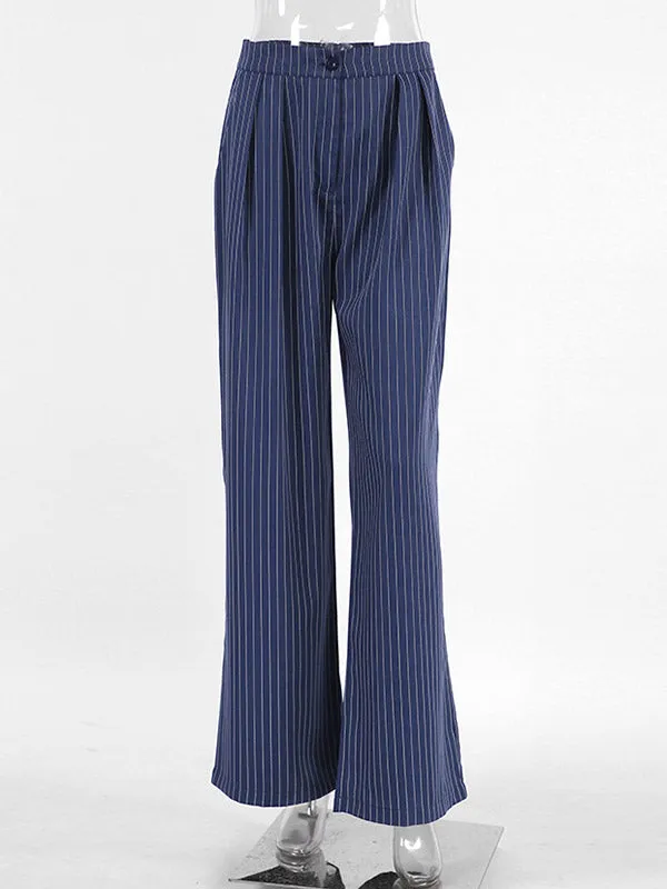 High Waisted Wide Pants Buttoned Striped Pants Trousers