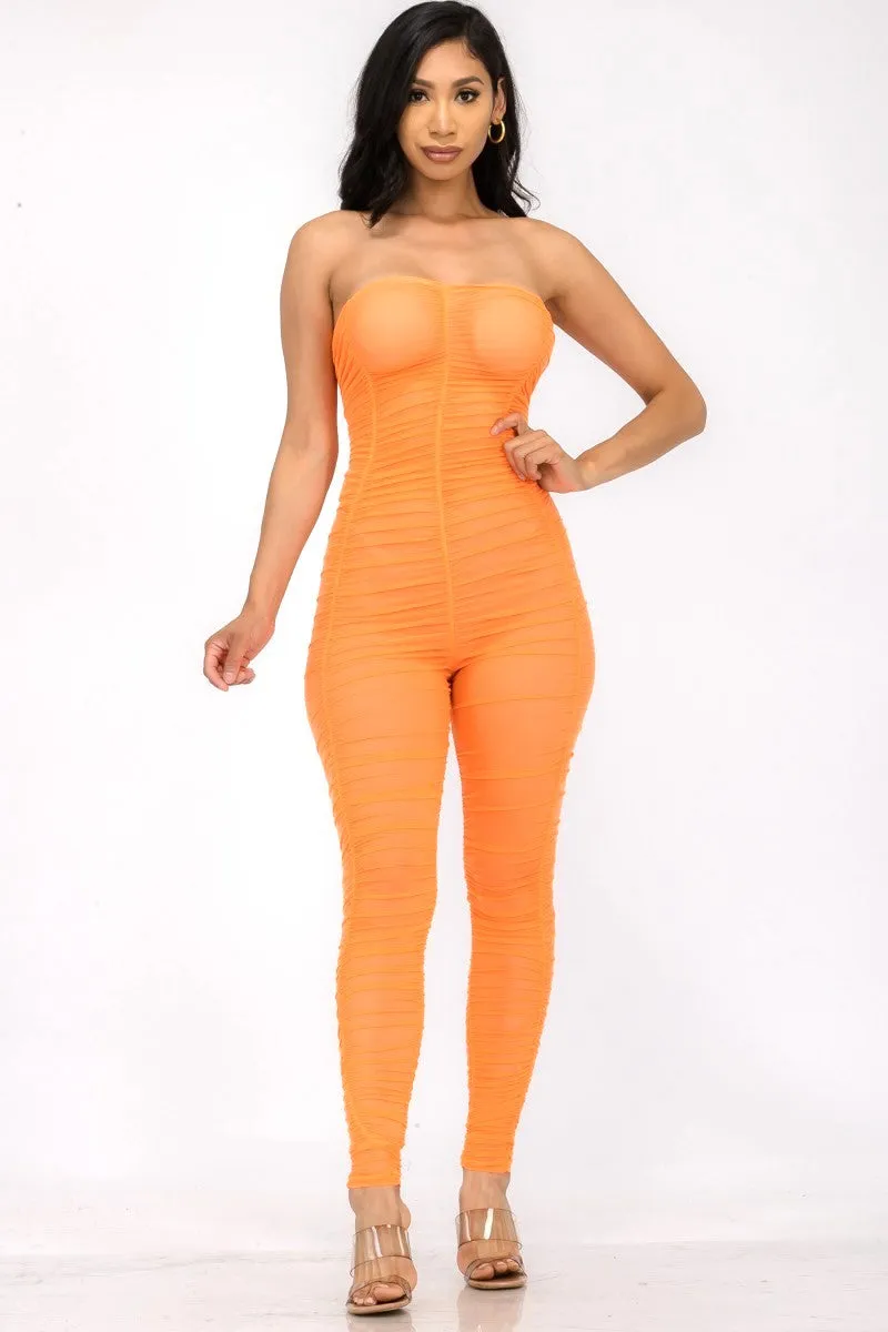 JP1563 - STRAPLESS RUCHED MESH JUMPSUIT