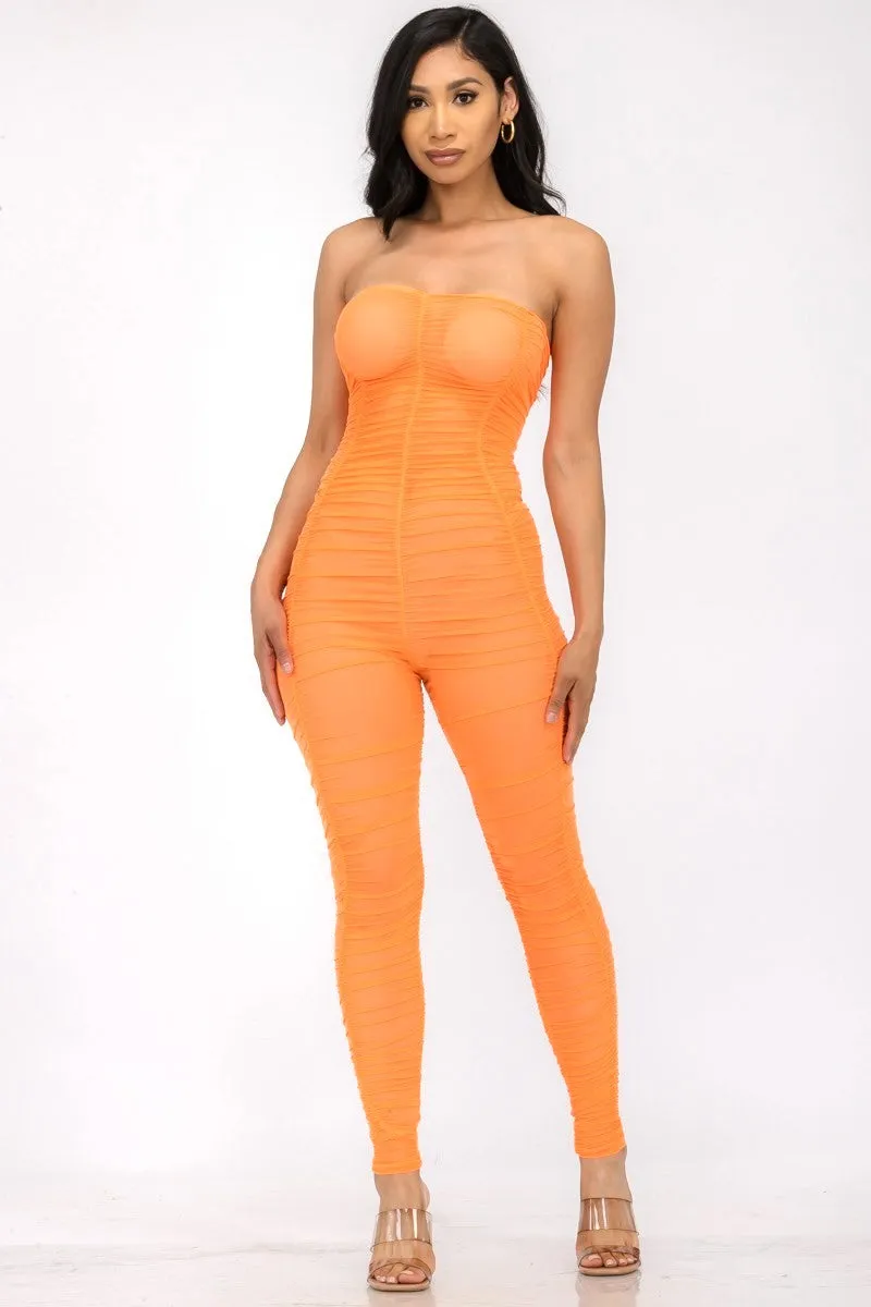 JP1563 - STRAPLESS RUCHED MESH JUMPSUIT