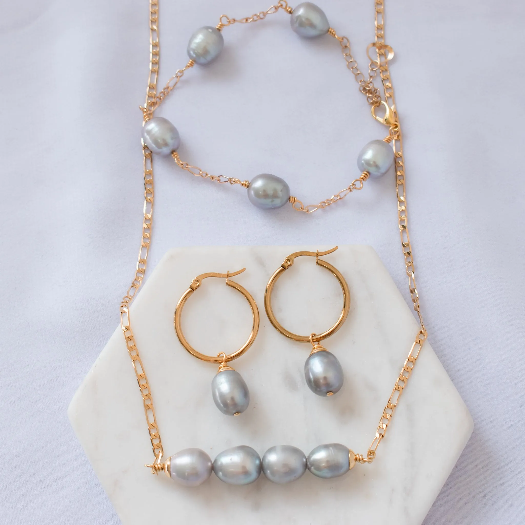 KALANI - Inspired Premium Silver Grey Natural Freshwater Pearl Set