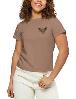 Latte Women’s high-waisted t-shirt-Embroidered Mocking Bird