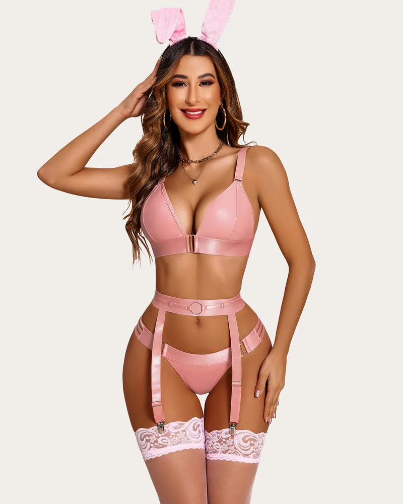 Leather Garter 5 Piece Bra and Panty Set