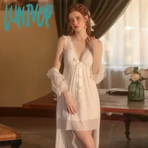 Lunivop Autumn Lace Satin  Night Dress Women Sweet Long Sleeve Sleepwear Two Pieces Winter Robe Sets Fairy Princess Full Sleeve Peignoir