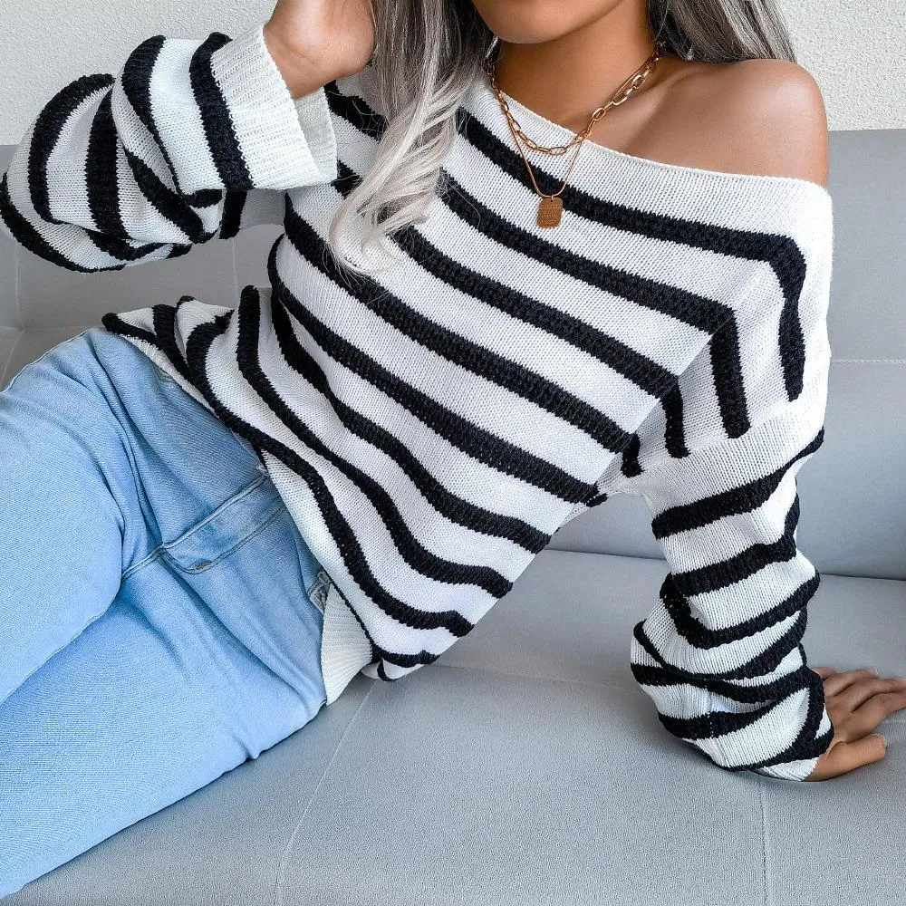 One-neck off-the-shoulder casual loose striped knitted sweater