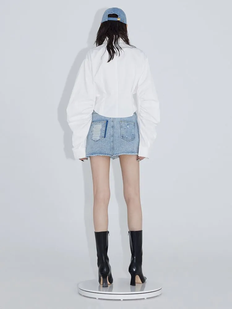 Pinch pleated broken holes Raw edge denim skirt【s0000007348】