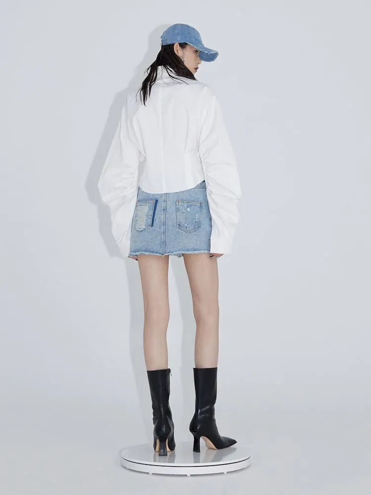 Pinch pleated broken holes Raw edge denim skirt【s0000007348】