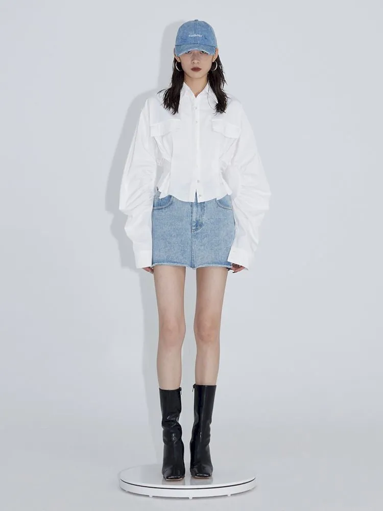 Pinch pleated broken holes Raw edge denim skirt【s0000007348】