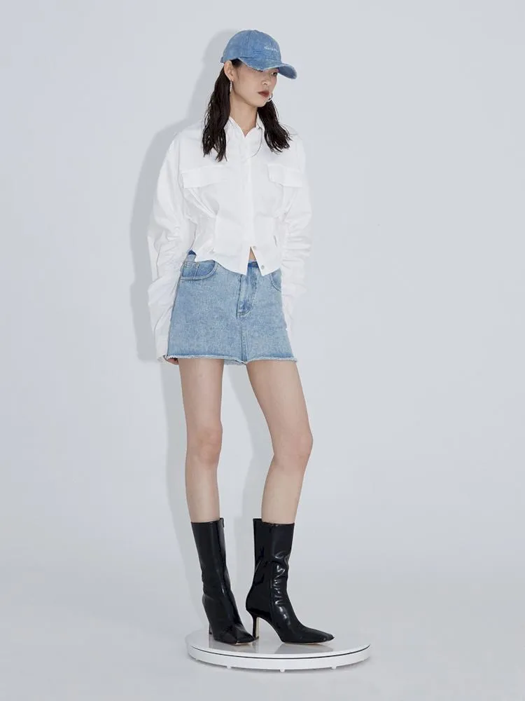 Pinch pleated broken holes Raw edge denim skirt【s0000007348】