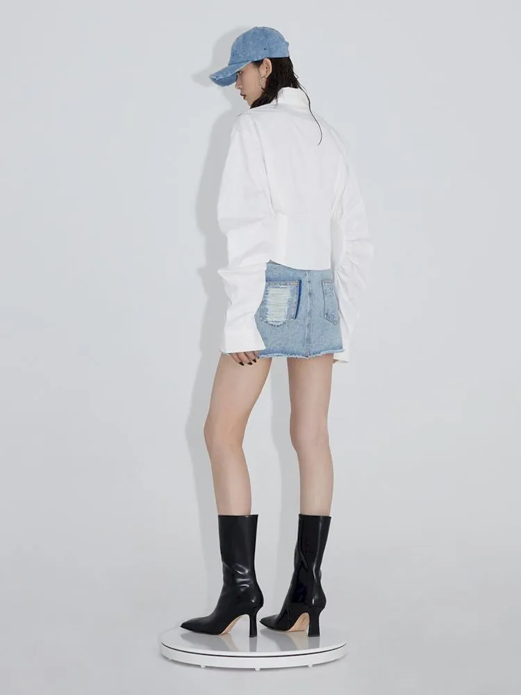 Pinch pleated broken holes Raw edge denim skirt【s0000007348】