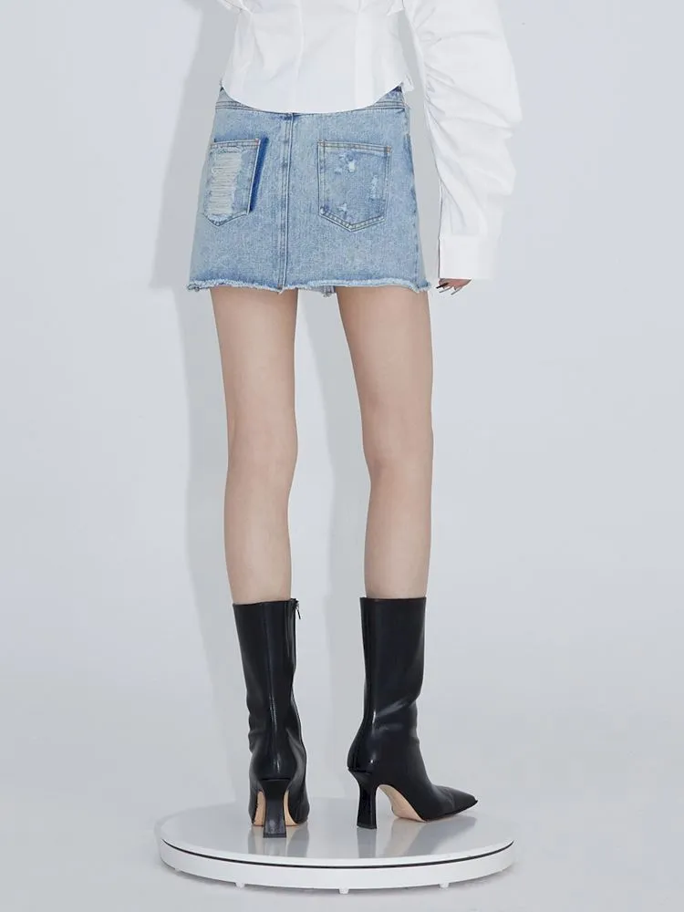 Pinch pleated broken holes Raw edge denim skirt【s0000007348】