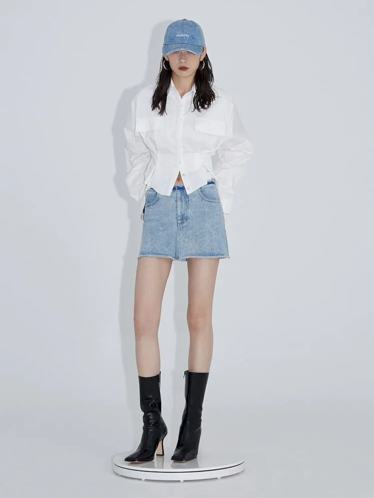 Pinch pleated broken holes Raw edge denim skirt【s0000007348】