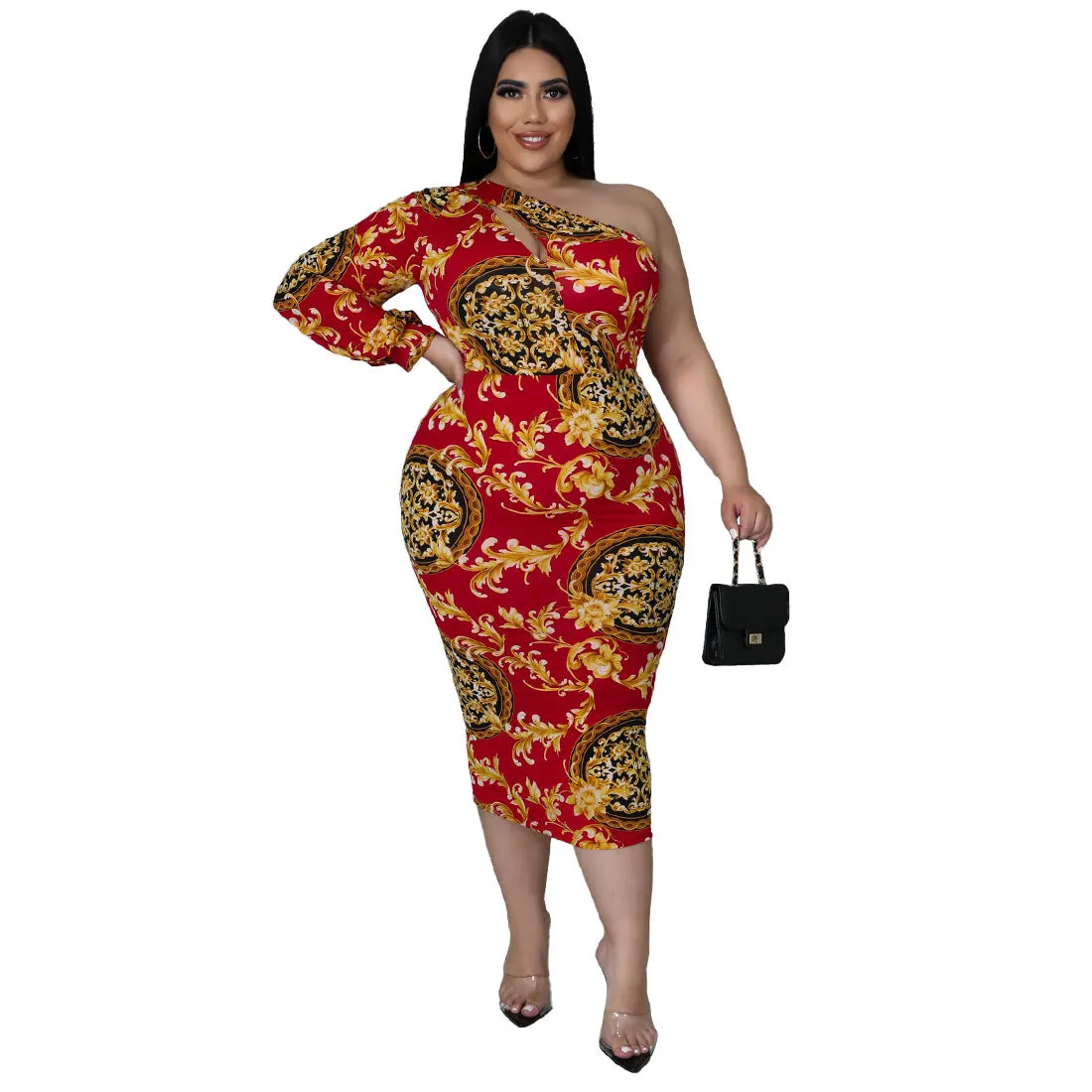 Plus Size Women Clothes Sexy Hollow Out Cutout One-Shoulder Long Sleeve Printed Dress Fishtail Skirt