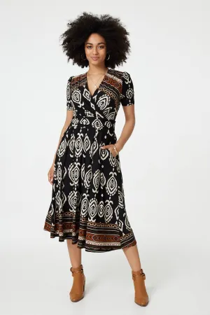 Printed 1/2 Sleeve Pleated Wrap Dress