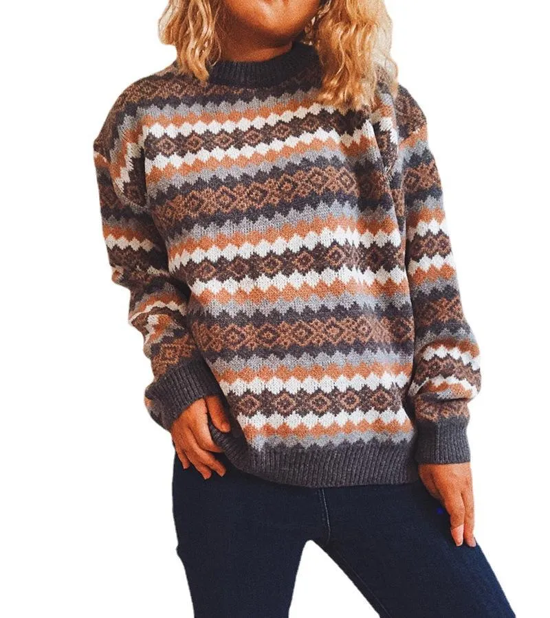 Retro pattern round neck long-sleeved knitted pullover sweater