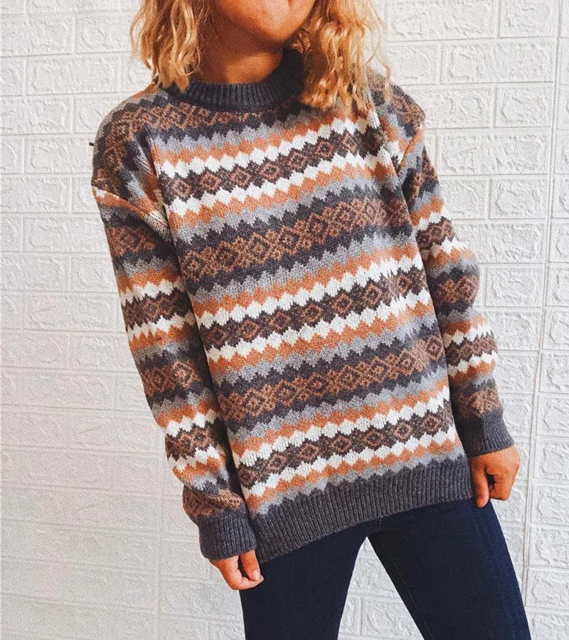 Retro pattern round neck long-sleeved knitted pullover sweater