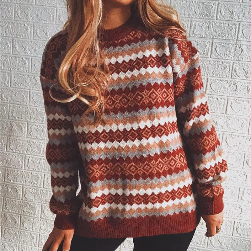 Retro pattern round neck long-sleeved knitted pullover sweater