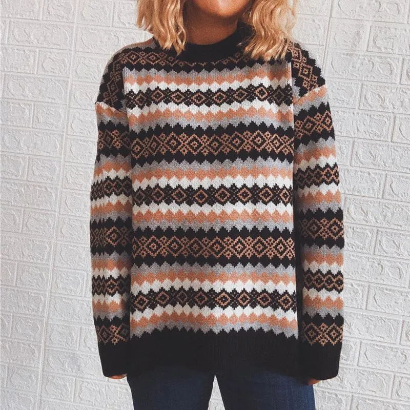 Retro pattern round neck long-sleeved knitted pullover sweater