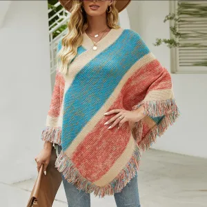 Striking color striped knitted cape fringed shawl