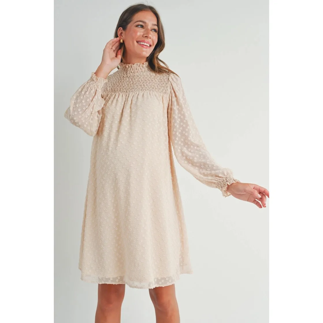 Textured Dot Chiffon Mock Neck Maternity Dress