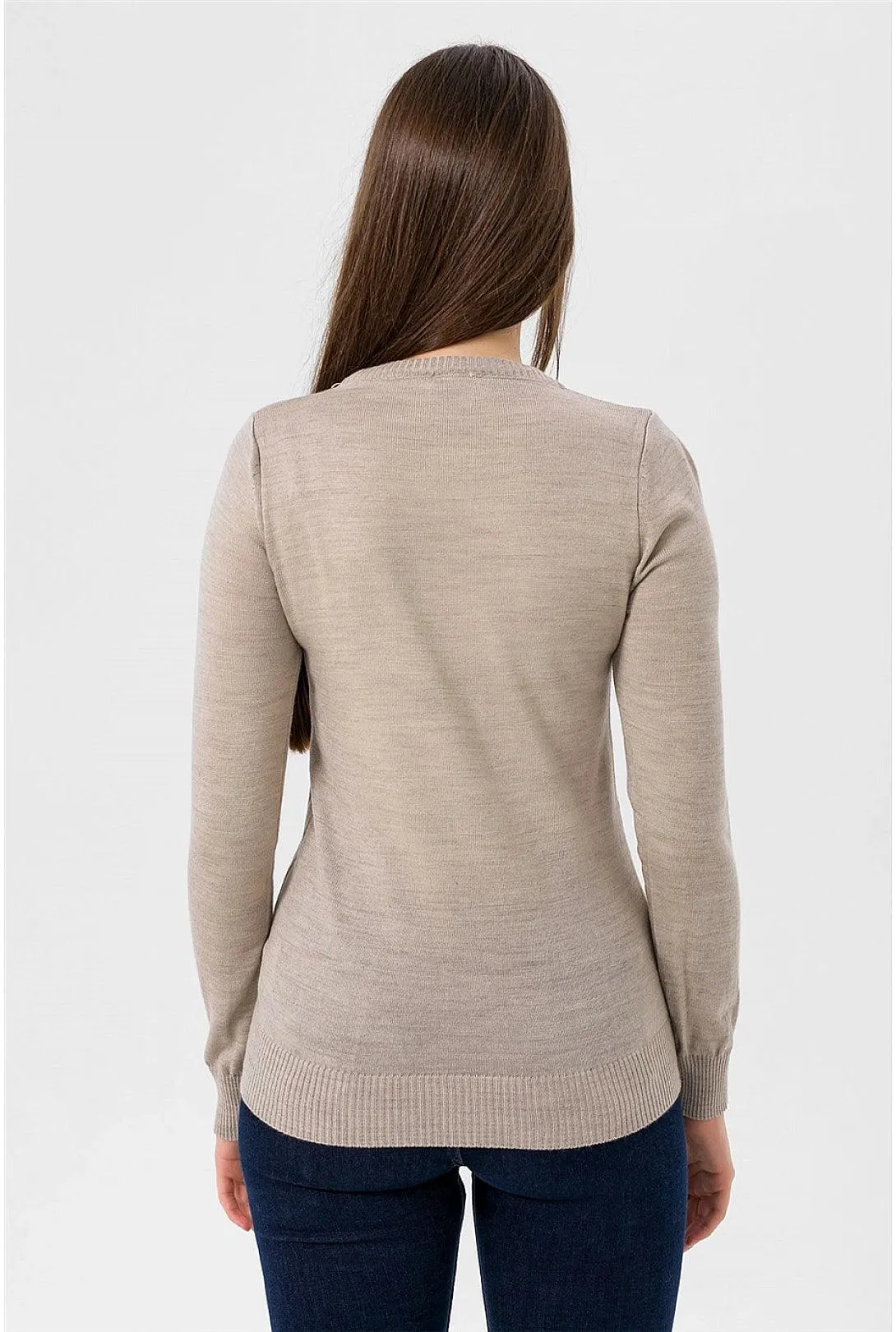 Women's Beige Crew Neck Knitwear Sweater | Timeless and Elegant Jumper