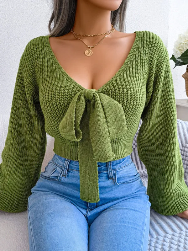 Women's Bow V-Neck Lantern Sleeve Crop Sweater