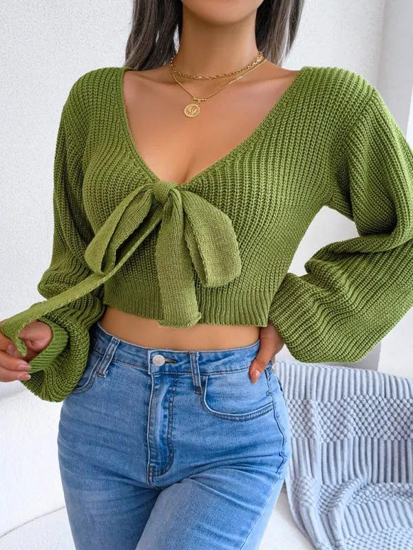 Women's Bow V-Neck Lantern Sleeve Crop Sweater