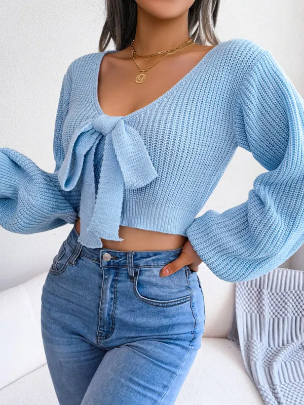 Women's Bow V-Neck Lantern Sleeve Crop Sweater