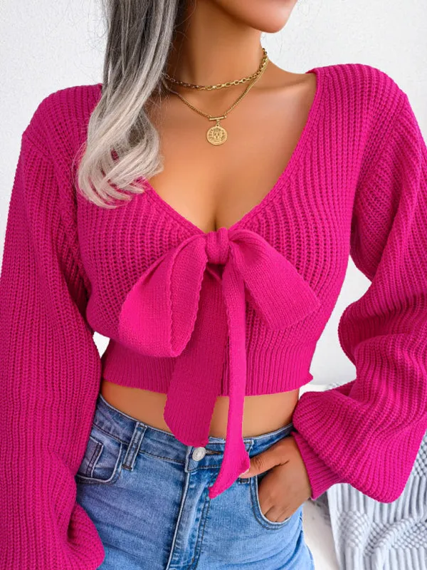 Women's Bow V-Neck Lantern Sleeve Crop Sweater