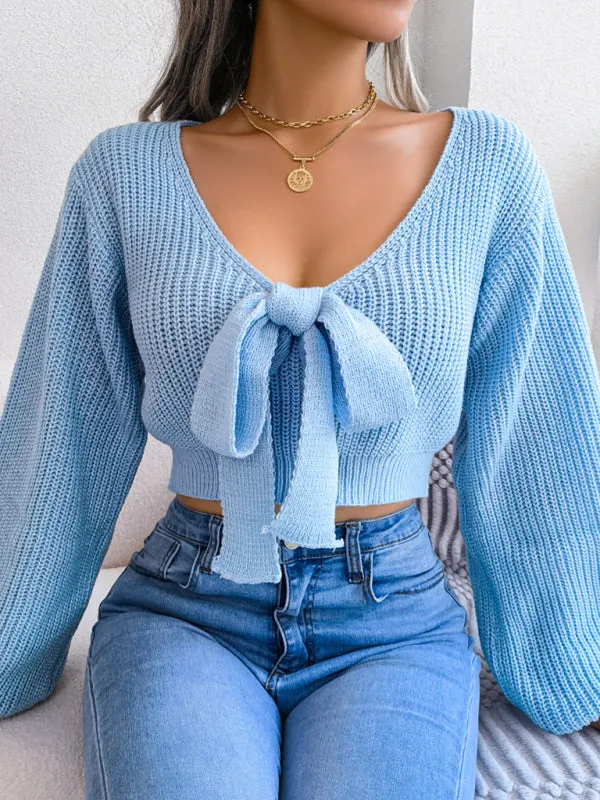 Women's Bow V-Neck Lantern Sleeve Crop Sweater